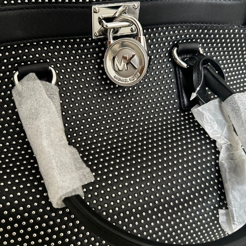 Michael Kors Black Studded Satchel with Silver MK Padlock